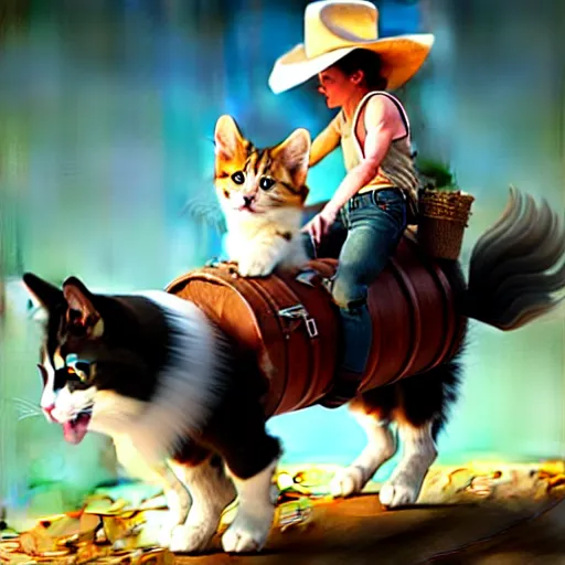 Image similar to fluffy cat in cowboy hat like a tiny girl riding on the back of a giant corgi by greg rutkowski