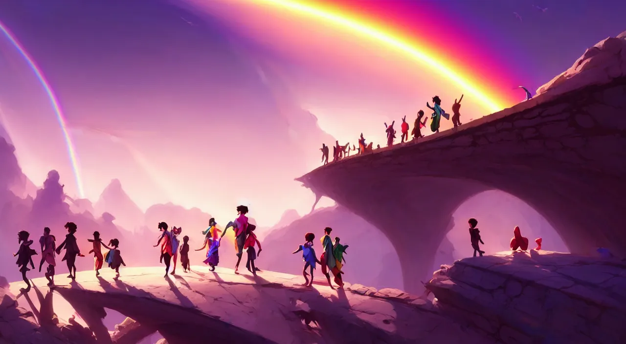 Prompt: incredible, mindblowing, refugees crossing a beautiful bridge made of rainbow hardlight, in marble incrusted of legends official fanart behance hd by jesper ejsing, by rhads, makoto shinkai and lois van baarle, ilya kuvshinov, rossdraws global illumination