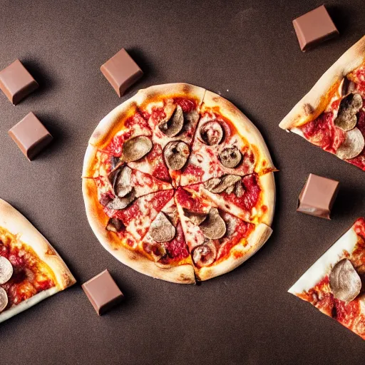 Prompt: a pizza with chocolate on it, photograph, 8 k resolution, food photography, studio lighting