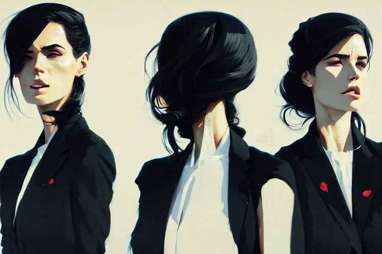 Image similar to a ultradetailed portrait painting of three women in black suits, by conrad roset, greg rutkowski and makoto shinkai trending on artstation