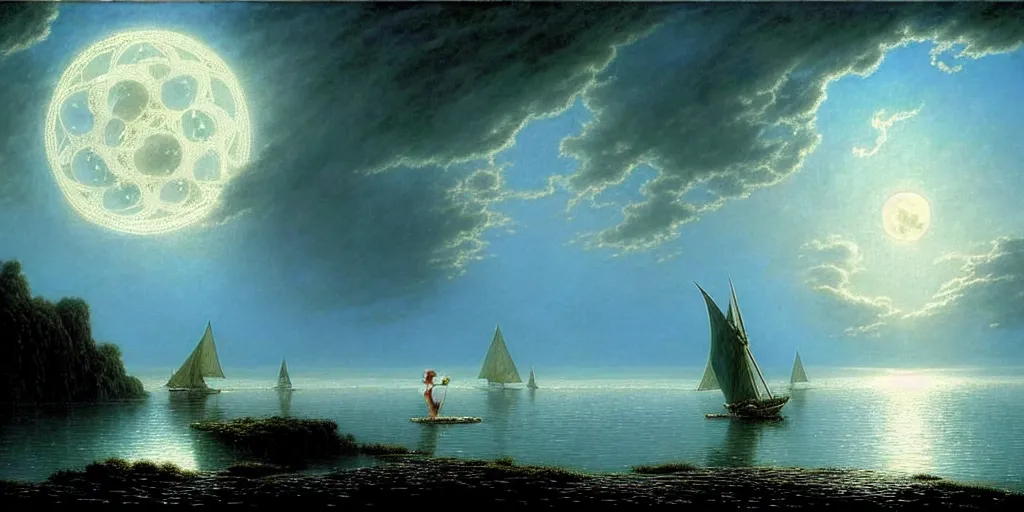 Image similar to an elegant fairy queen in a blue lace dress dancing looking out at a lord of the rings scenery landscape, staring across the sea at a white timber sail boat, evening, highly detailed, vivid colour, soft clouds, full moon, cinematic lighting, perfect composition, gustave dore, derek zabrocki, greg rutkowski, belsinski