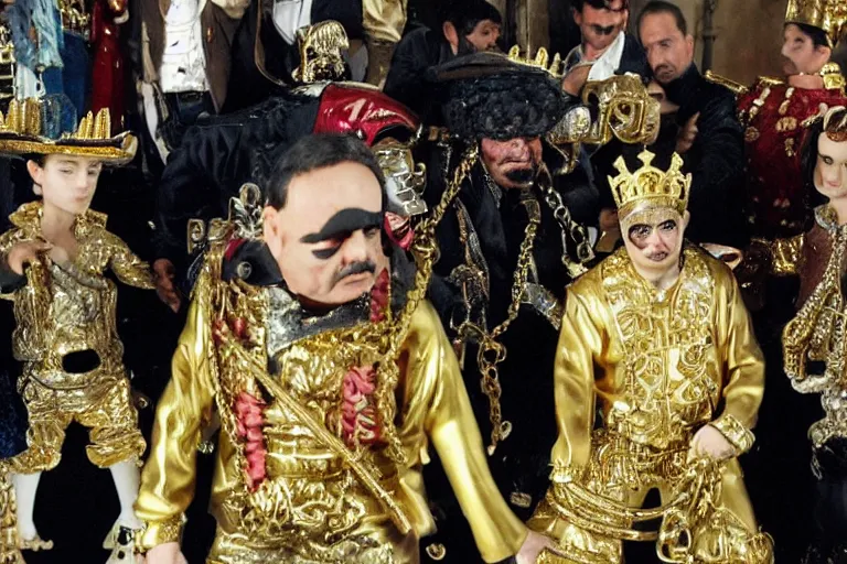 Image similar to el chapo is a genie standing in the middle of a grandiose mexican mansion. everything is made out of gold. el chapo the genie is sipping on wine. the mansion is incredible and ornate. chapo has a clockwork chain. there are princesses and queens everywhere around him because they love him, lovely scene of a genie being a pimp