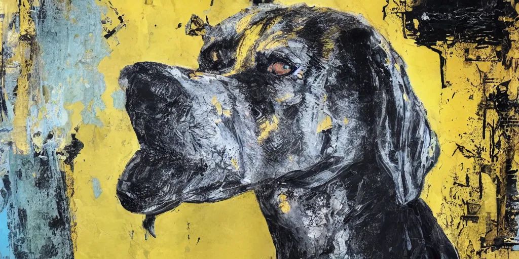 Image similar to rendered in blender scary dog on wired, yellow, blue and black, collage paper and tape, acrylic on canvas, hyperrealism mixed with expressionism, high resolution, cinematic, unreal 6, breathtaking detailed, by blake neubert