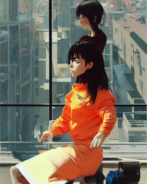 Image similar to A ultradetailed beautiful panting of a stylish woman sitting next to a window, she is wearing streetwear, bright sunny day, Oil painting, by Ilya Kuvshinov, Greg Rutkowski and Makoto Shinkai