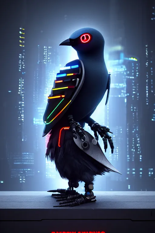 Image similar to high quality 3 d render very cute cyborg crow! incorporated speakers!, cyberpunk highly detailed, unreal engine cinematic smooth, in the style of blade runner & detective pikachu, hannah yata charlie immer, moody light, low angle, uhd 8 k, sharp focus