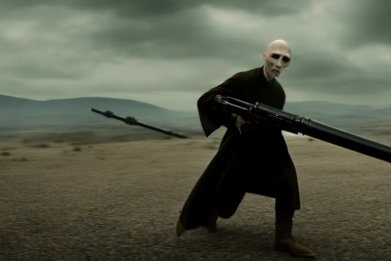 Image similar to volan de mort with bazooka, harry potter movie screenshot, symmetry, cinematic, elegant, luxury, perfect light, perfect composition, dlsr photography, sharp focus, 8 k, ultra hd, sense of awe, highly detailed, realistic, intricate