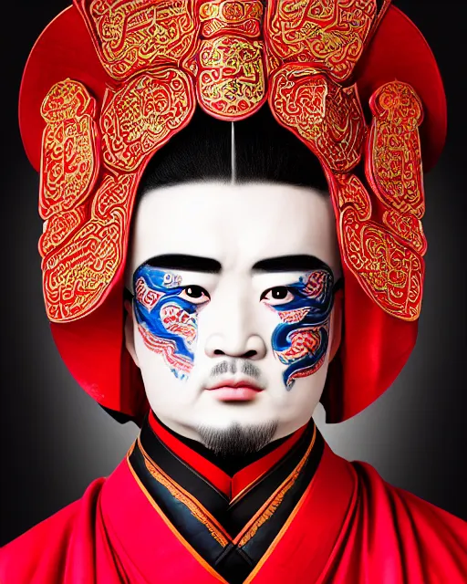 Image similar to photo of a Dramatic Peking Opera male character with arabic text calligraphy words painted on face in the style of stefan kostic, realistic, sharp focus, symmetric, 8k high definition, insanely detailed, intricate, elegant, art by stanley lau and artgerm, William-Adolphe Bouguereau