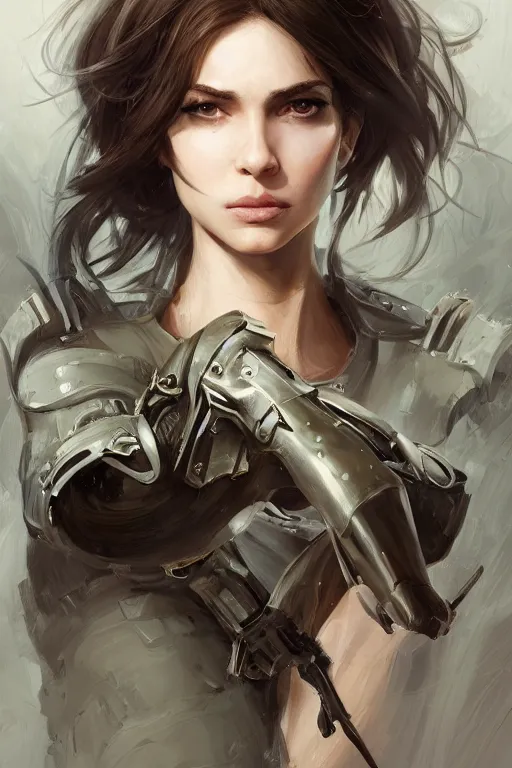 Image similar to a professionally painted portrait of an attractive young woman, clothed in military armor, olive skin, long dark hair, beautiful bone structure, symmetrical facial features, intricate, elegant, digital painting, trending on Artstation, concept art, smooth, sharp focus, illustration, from Metal Gear by Ruan Jia and Mandy Jurgens and Artgerm and William-Adolphe Bouguerea, award winning