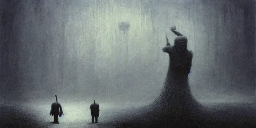 Image similar to painting of a man playing baseball with eldritch beings, by Zdzislaw Beksinski, gothic, amazing details, cold hue's, warm tone gradient background