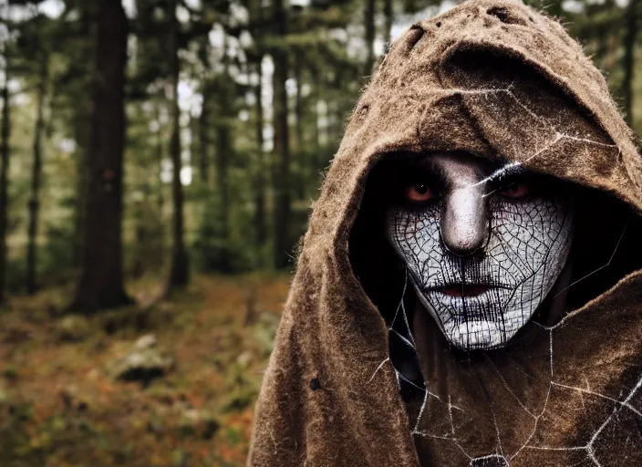 Prompt: character and environment photography, portrait shamanistic infested anthropomorphic 2 0 - year - old male druid, tattered spiderweb hood and robe, reflective eyes, infested bear standing, medium shot, wide angle, 2 0 0 px, low key