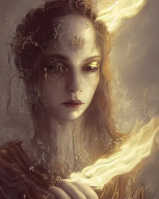 Image similar to a highly detailed portrait of beautiful pale female pyromancer radiating a majestic fiery aura, ornate silvered robes, wispy tendrils of smoke, intricate, digital painting, old english, raining, sepia, particles floating, whimsical background by marc simonetti, artwork by ramond swanland and liam wong