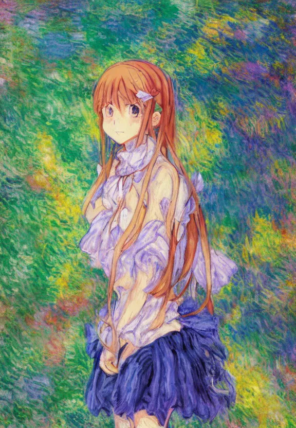 Prompt: wide angle painting of a teenage girl, a thrifty outfit, somewhat of an anime in impressionist style, fantasy forest background, trending artwork, illustrated in anime painter studio, by claude monet and an anime artist, collaboration