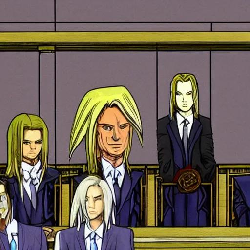 Image similar to saul goodman standing next to sephiroth from final fantasy in court, low angle