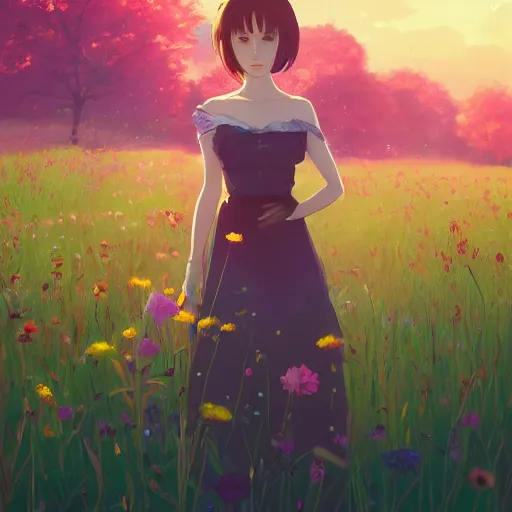 Image similar to a portrait of Anya joy Taylor, field of flowers background, rich vivid colors, ambient lighting, dynamic lighting, 4k, official media, anime key visual, makoto shinkai, ilya kuvshinov, lois van baarle, rossdraws, detailed, trending on artstation