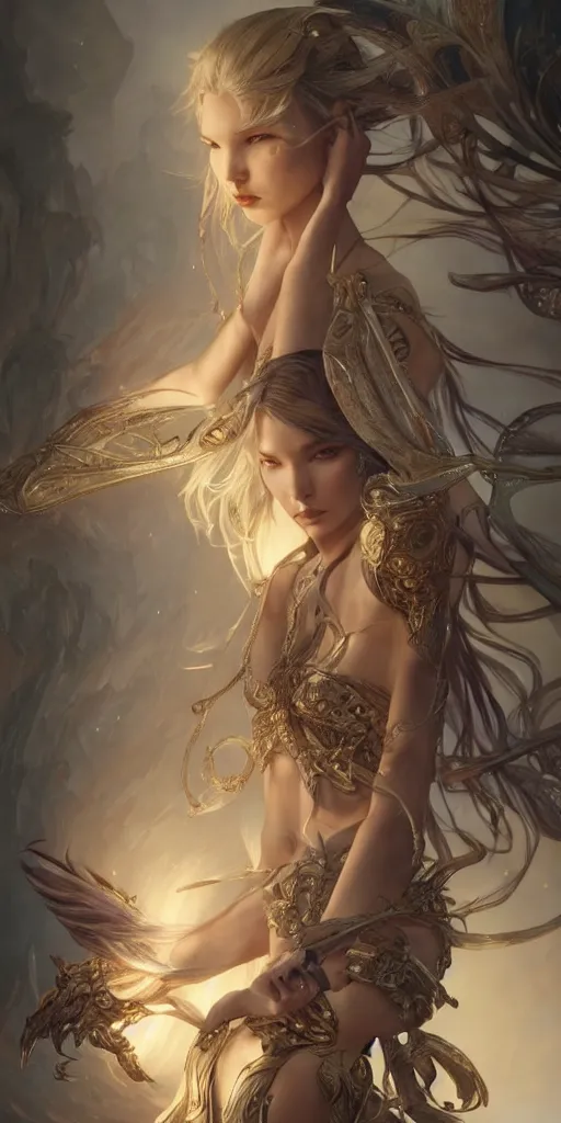 Image similar to sasha luss and dichen lachman, fantasy, intricate, highly detailed, action pose, digital painting, artstation, concept art, smooth, sharp focus, illustration, Unreal Engine 5, 8K, art by artgerm and greg rutkowski and alphonse mucha