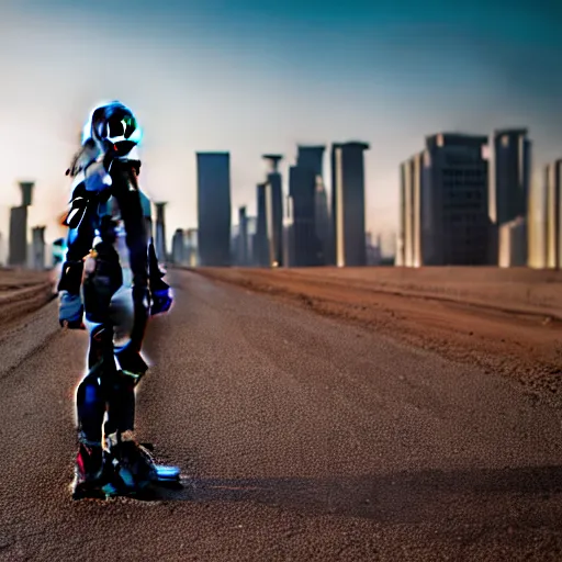 Image similar to photograph of a techwear woman, closeup, on a desert road with a futuristic city in the horizon, sigma 85mm f/1.4, 4k, depth of field, high resolution, 4k, 8k, hd, full color