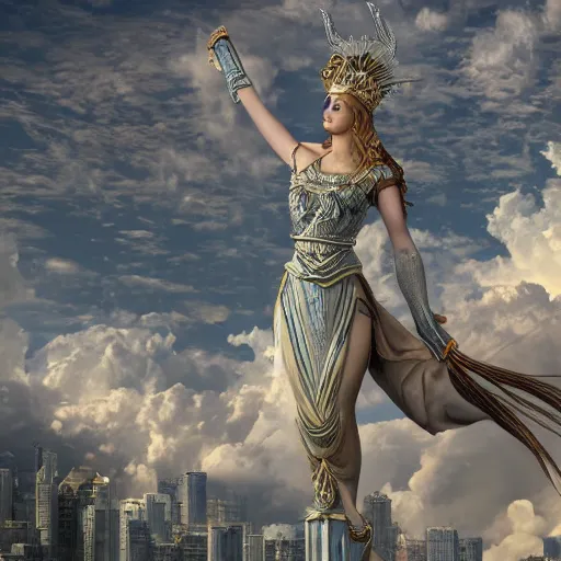 Prompt: goddess with a 🍑, clothed but provacative, ruling a city from the clouds HD 4k