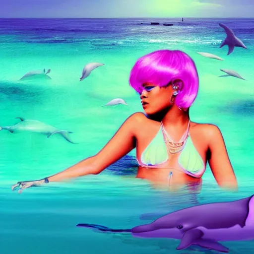 Image similar to rihanna in the ocean with seapunk dolphins, seapunk, creative photo manipulation, creative photoshop, digital art