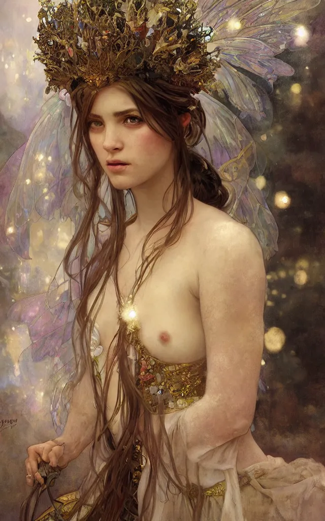 Image similar to hyperrealist portrait of a fairy girl emperorit is decorated with long robes that fall like stars and wears a huge crown. by jeremy mann and alphonse mucha, fantasy art, photo realistic, dynamic lighting, artstation, poster, volumetric lighting, very detailed faces, 4 k, award winning