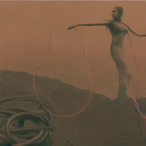 Prompt: photo of a woman wrapped around by tubes and cables, mountains in the background, by Zdzislaw Beksinski