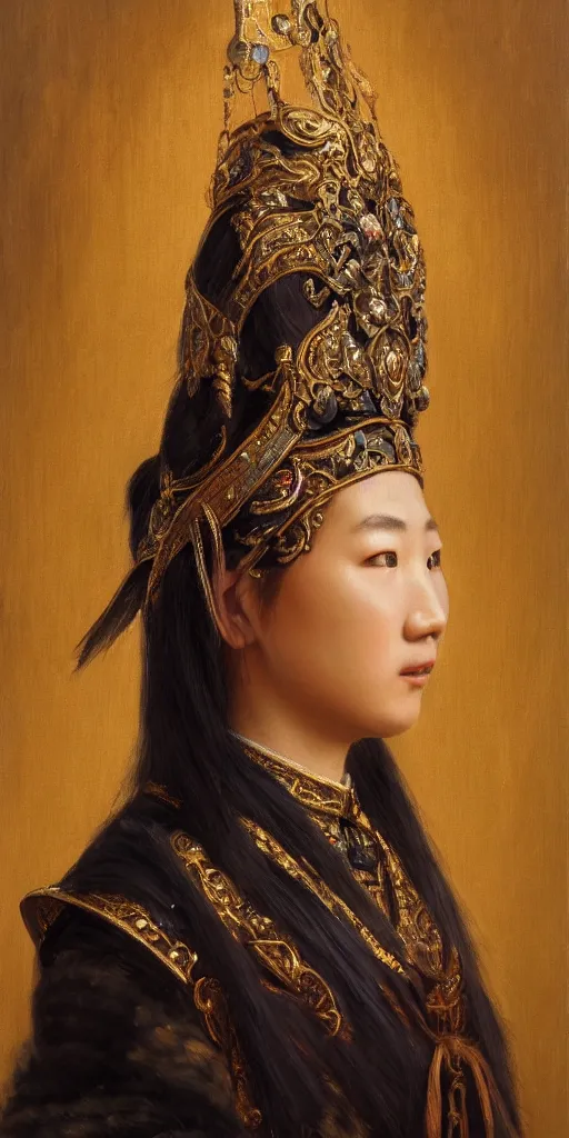 Prompt: Highly detailed and cinematic Neoclassical period oil painting of an Mongolian princess face portrait, an oil painting ((masterpiece)) by ((Josep Tapiró Baró)), RPG portrait, dynamic lighting, 8K