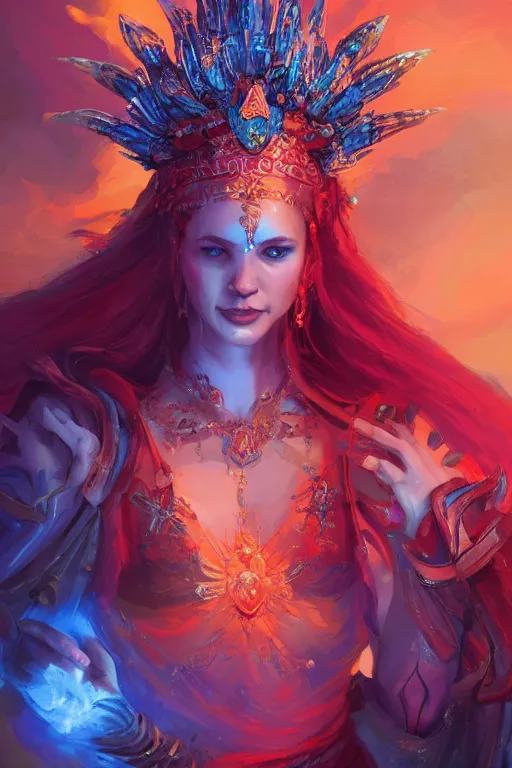 Image similar to beautiful ageless goddess of fire and ice wearing an elaborate costume and headdress, grimdark fantasy, detailed matte painting by Brom and Alena Aenami and Peter Mohrbacher, bokeh, Artstation, cinematic gel lighting, rainbow aventurescence