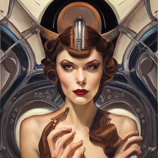 Image similar to a streamline moderne dieselpunk painting in the style of donato giancola, and in the style of charlie bowater, and in the style of charles dulac. symmetry, smooth, sharp focus, semi - realism, intricate ultra fine detail.