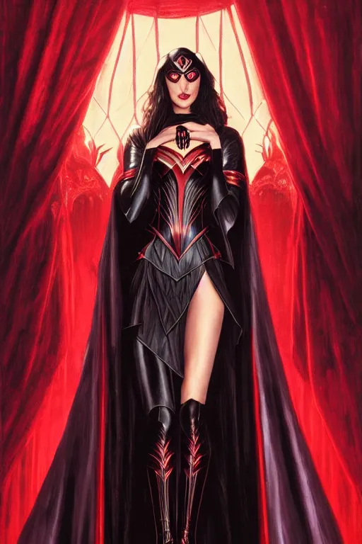 Image similar to Gal Gadot as a vampire queen, black and red silk clothing, sitting on throne, Full body shot, D&D, fantasy, intricate, elegant, highly detailed, digital painting, artstation, concept art, matte, sharp focus, illustration, hearthstone, art by Artgerm and Greg Rutkowski and Alphonse Mucha