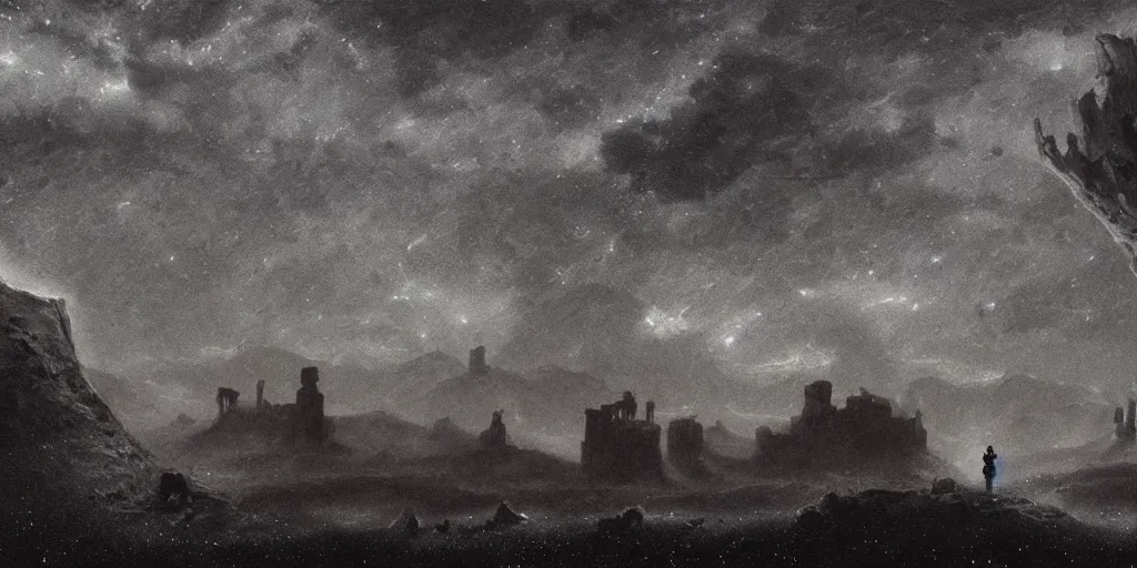 Image similar to epic landscape of ancient tombs of forgotten doom under haunting sky full of stars, uneasy landscape of barren exoplanet gliese, lakes of molten quicksilver among the ruins, inspired by beksinski, trending on artstation