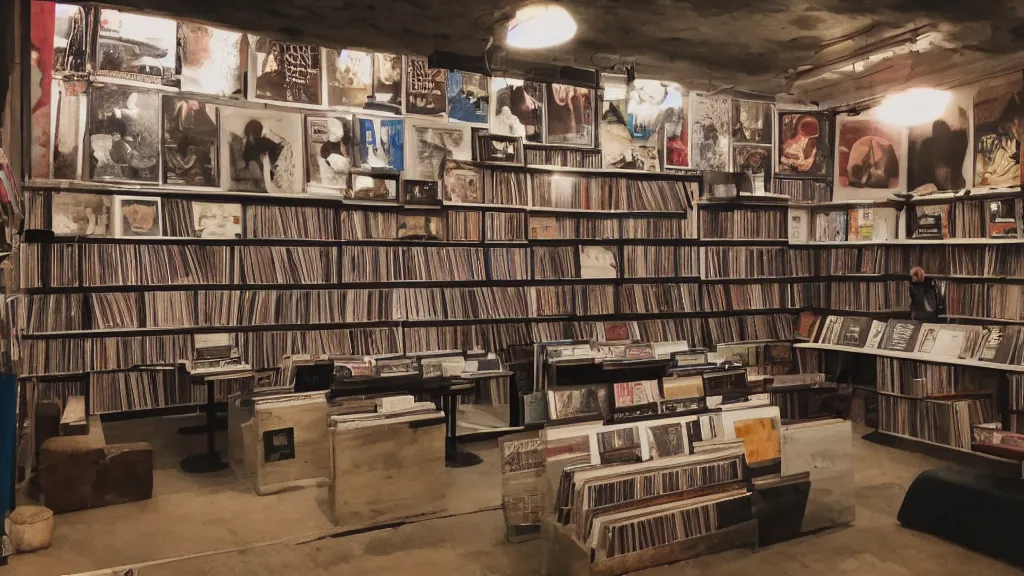 Prompt: Interior of a record store with a window that gives a view of Ancient Mesopotamia, 4K, iPhone picture