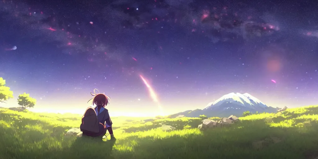 Prompt: a schoolgirl girl sat on the hillside and looked at the stars in the night sky, midnight, spectacular milky way, shining meteor, official media, anime key visual, detailed, artwork by makoto shinkai. - h 5 7 6