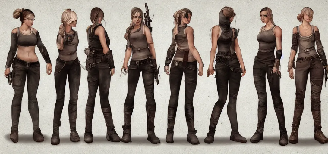 Image similar to character sheet concept art of female video game characters, renaissance, parkour, rebel, realistic, hyper realistic, photographic, costume