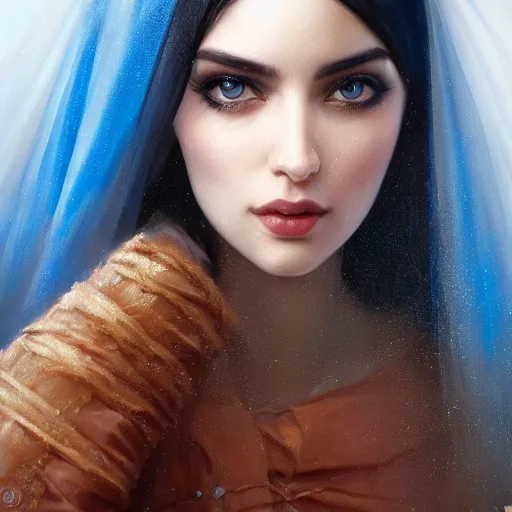 Image similar to ameera al taweel, bright blue eyes, long wavy black hair, white veil, front closeup, cinnamon #b57e59 skin color, highly detailed, centered, oil painting, artstation, concept art by tom bagshaw