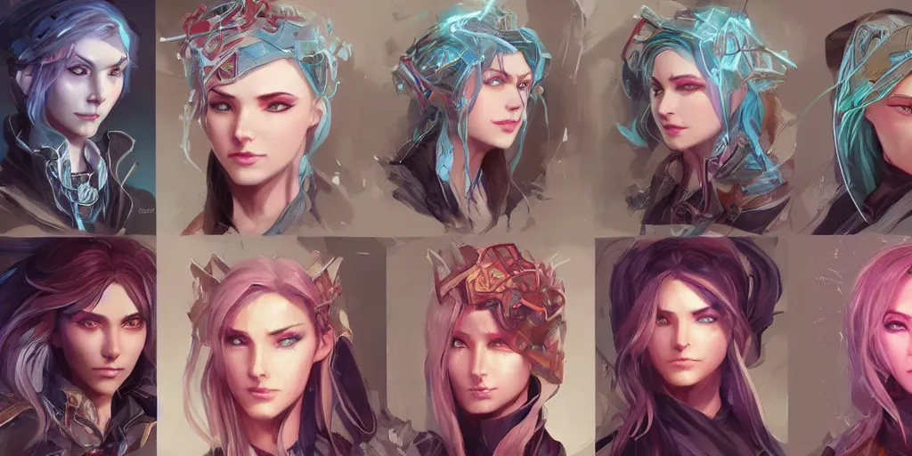 Prompt: concept art of beautiful irish female netrunner d & d video game characters head designs, unique hair designs, by marc brunet and artgerm