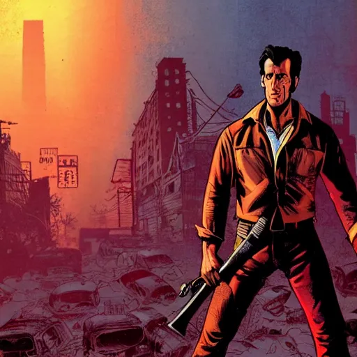 Prompt: ash Williams stands on a pile of deadites, wide angle, background is destroyed Detroit, dramatic lighting, concept art, award winning, illustration by  John Romita Jr.