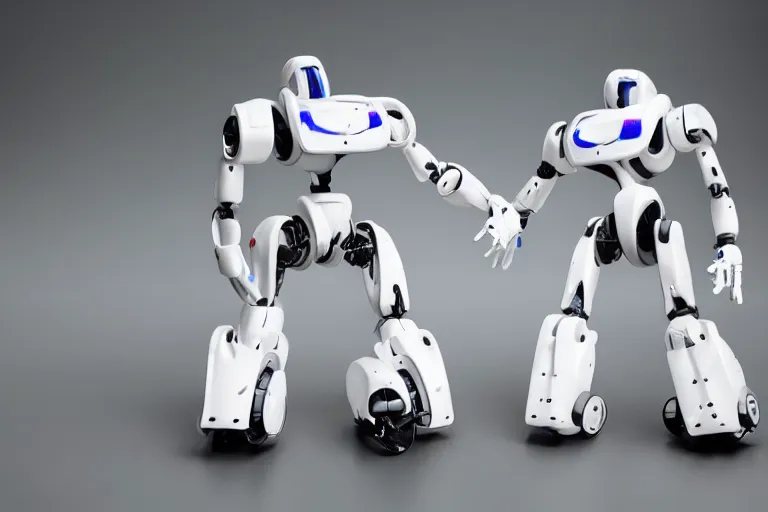 Prompt: two sleek white mechanical robots operating on each other at the same time