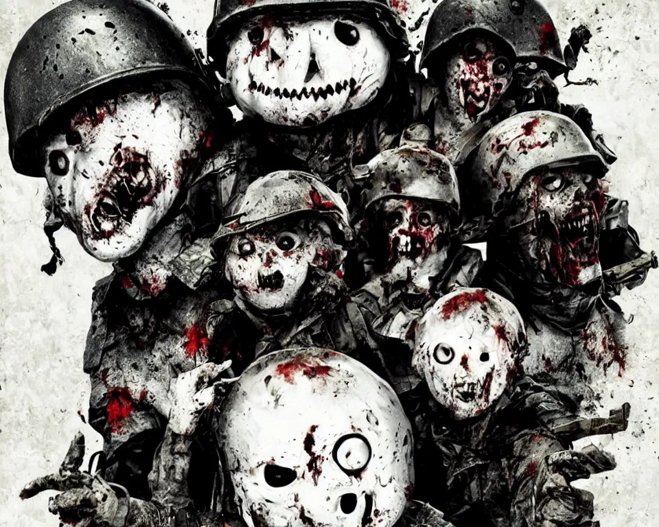 Image similar to a horror movie poster featuring zombie snowmen wearing army helmets