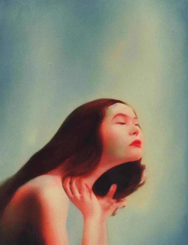 Prompt: woman crying infront of tv screen in dark room, wide angle, blue rays, redshift, wide shot, coloured polaroid photograph, pastel, kodak film, hyper real, stunning moody cinematography, by maripol, fallen angels by wong kar - wai, style of suspiria and neon demon, david hockney, detailed, oil on canvas