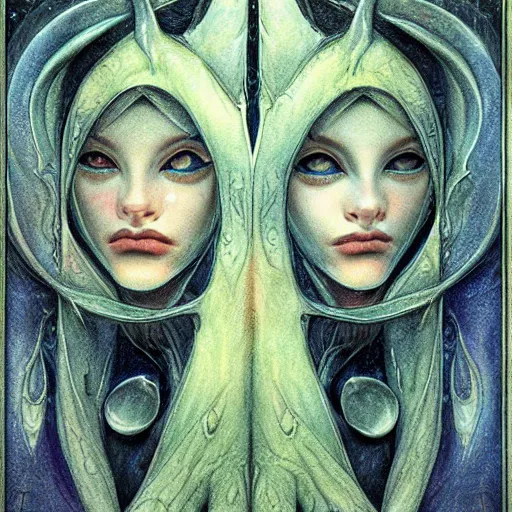 Image similar to detailed and sharp gemini artwork, mystic style, detailed, 8 k, detailed, symmetrical, by brian froud