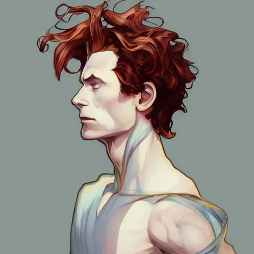 Prompt: hisoka, young tom hiddleston, cel - shaded animesque art by artgerm and greg rutkowski and alphonse mucha, smooth white skin, smirking face, reddish hair, d & d, fantasy, portrait, highly detailed, side profile, digital painting, trending on artstation, concept art, sharp focus, illustration