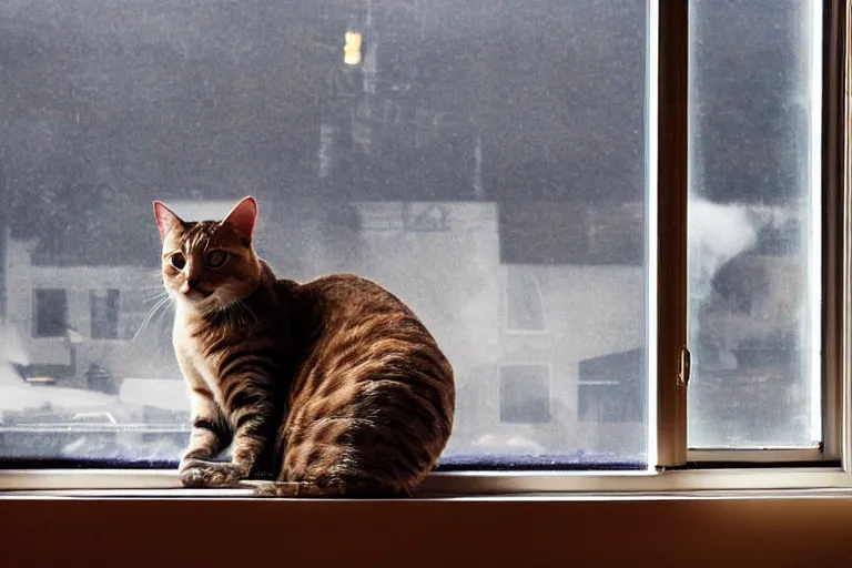 Image similar to cat sitting on the windowsill wrapped in a plaid plaid, Mushroom cloud far behind