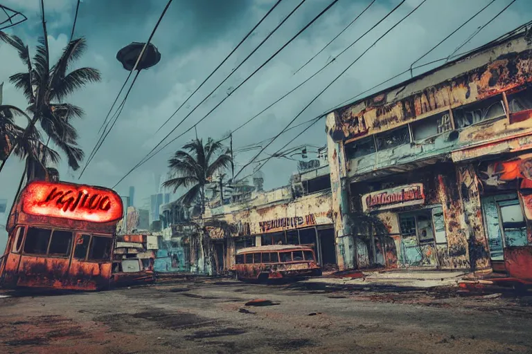 Prompt: low wide angle shot of dilapidated fallout 5 miami, tropical coastal city, desolate, dilapidated neon signs, few rusted retro futuristic vintage parked vehicles like cars, buses, trucks, trams, volumetric lighting, photorealistic, foggy, rain daytime, autumn, overcast weather, sharp focus, ultra detailed, 4 0 0 0 k