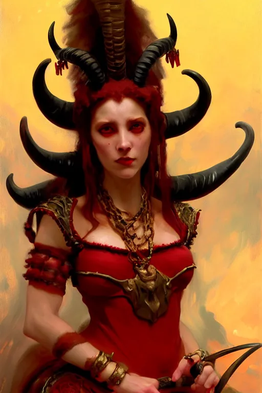 Image similar to painted close - up portrait of a attractive red - skinned intimidating demon girl with ram horns! oil painting, wearing a noblewoman's outfit, fantasy art by john singer sargent and gaston bussiere, and guillermo del toro and tyler edlin, demon noble character design, hd