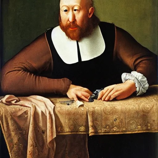 Image similar to a happy man ironing his collar shirt on a bed, renaissance, oil painting