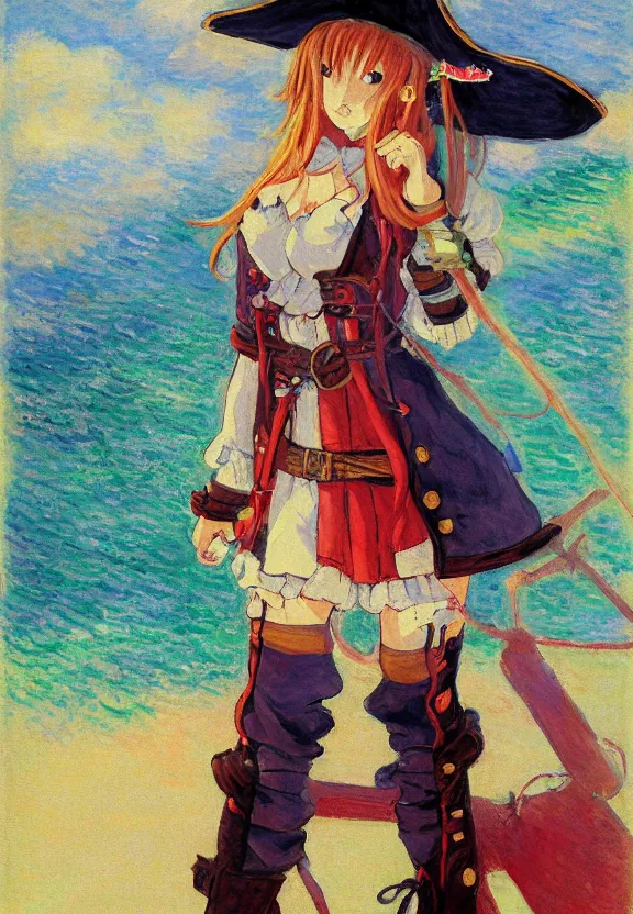 Image similar to wide angle painting of a female pirate, a thrifty uniform, somewhat of an anime in impressionist style, trending artwork, illustrated in anime painter studio, by claude monet and an anime artist, collaboration