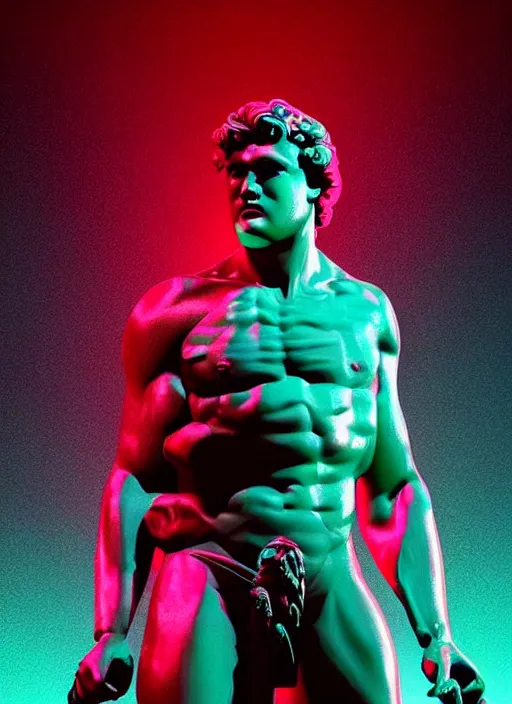 Image similar to statue of hercules, beeple, vaporwave, retrowave, tonal separation, black background, neon, black, glitch, pixel sorting, strong contrast, pinterest, trending on artstation