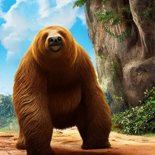 Prompt: a ground sloth in all five films who is dull - witted, talkative, friendly, carefree, naive, accident - prone, patient and funny with a caring nature, and is voiced with a lateral lisp, disney, sid, ice age, movie