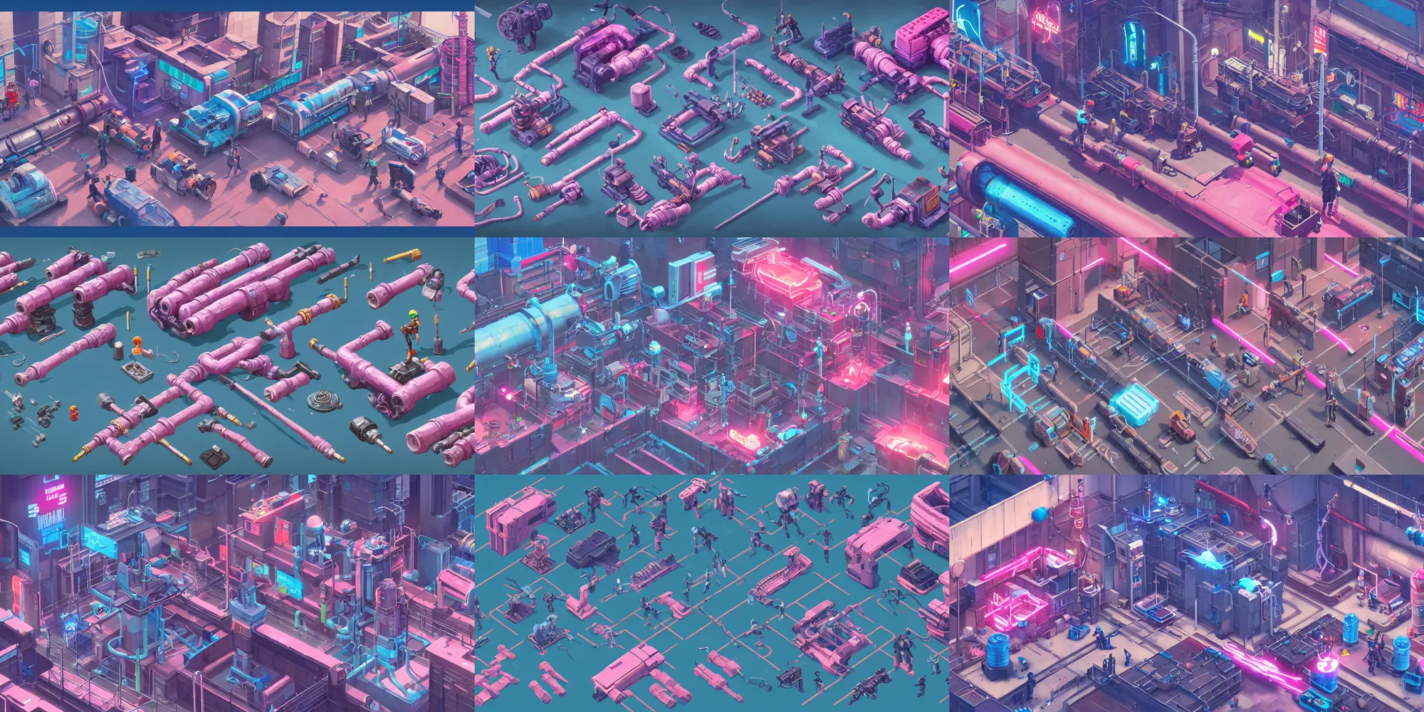 Prompt: game asset of the sims cyberpunk hydraulics and smaller joints, cables and pipes, vehicles, in gouache detailed paintings, props, stylized, 2 d sprites, kitbash, arcane, overwatch, blue and pink color scheme, 8 k, close up