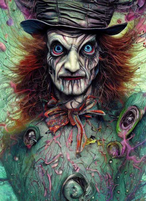 Image similar to mad hatter, alien, highly detailed, cinematic, 8 k, by megan duncanson, benjamin lacombe, adrian borda, stanley artgermm, tom bagshaw, craig mullins, carne griffiths, ayami kojima, beksinski, giger, trending on deviantart, hyper detailed, horror, full of colour