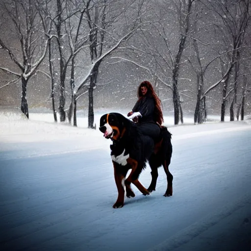 Image similar to girl riding giant Bernese Mountain Dog in the park, snow, trending on artstation